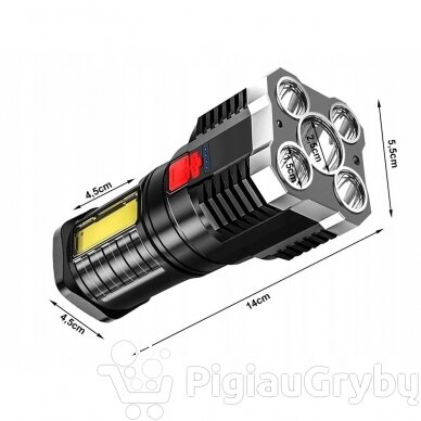 Įkraunamas 1 COB ir 5 LED žibintuvėlis 9