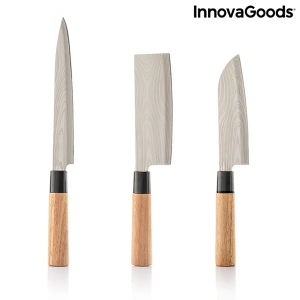 Damas-Q japoniškų virtuvinių peilių rinkinys – filė peilis, kapoklė ir Santoku peilis