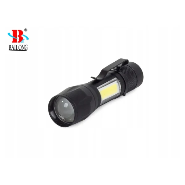 3-bailong-b0040-t6-led-zibintuvelis-perspektyva Bailong B0040-T6 mini LED žibintuvėlis su COB moduliu