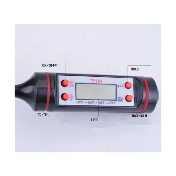 3-skaitmeninis-termometras-valdymo-mygtukai Skaitmeninio termometro TP101 LCD ekranas ir valdymo mygtukai °C °F HOLD MAX MIN