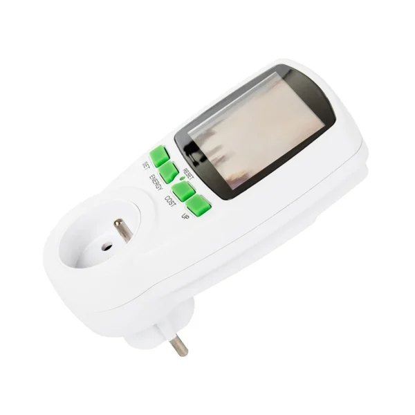5-vatmetras-pm03b-fr-soninis-vaizdas Vatmetras PM03B-FR iš šono su LCD ekranu ir įžemintu elektros lizdu