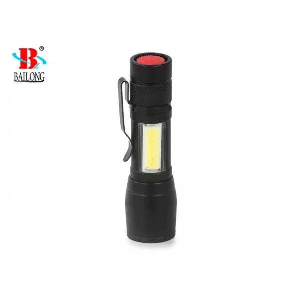 6-bailong-b0040-t6-cob-led-zibintuvelis-vertikaliai Bailong B0040-T6 kišeninis LED žibintuvėlis su COB apšvietimu