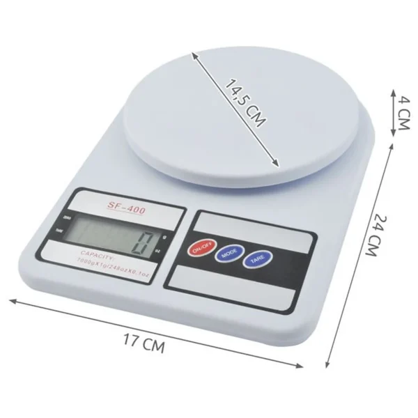 Elektroninių virtuvinių svarstyklių matmenys 17 × 24 cm ir 14,5 cm svėrimo platforma