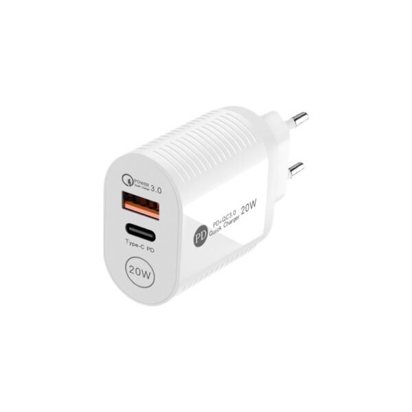 Baltas 20 W QC 3.0 įkroviklis su USB-A ir USB-C jungtimis