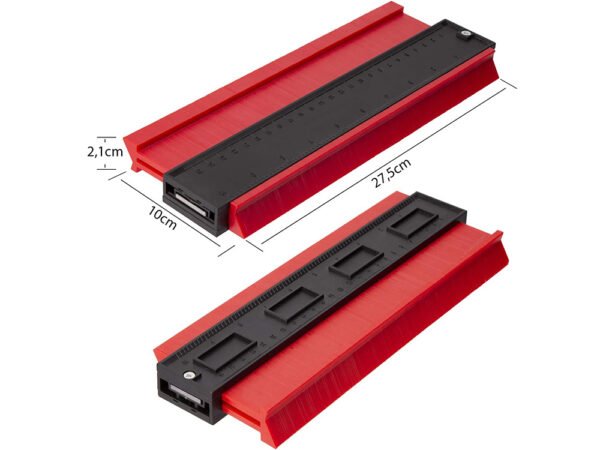 Kontūrų matuoklis su pažymėtais 27,5 × 10 × 2,1 cm matmenimis